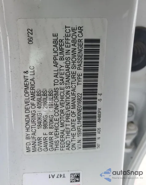 2022 Honda Civic Sport Touring from USA, damaged, VIN 19XFL1H8XNE016822